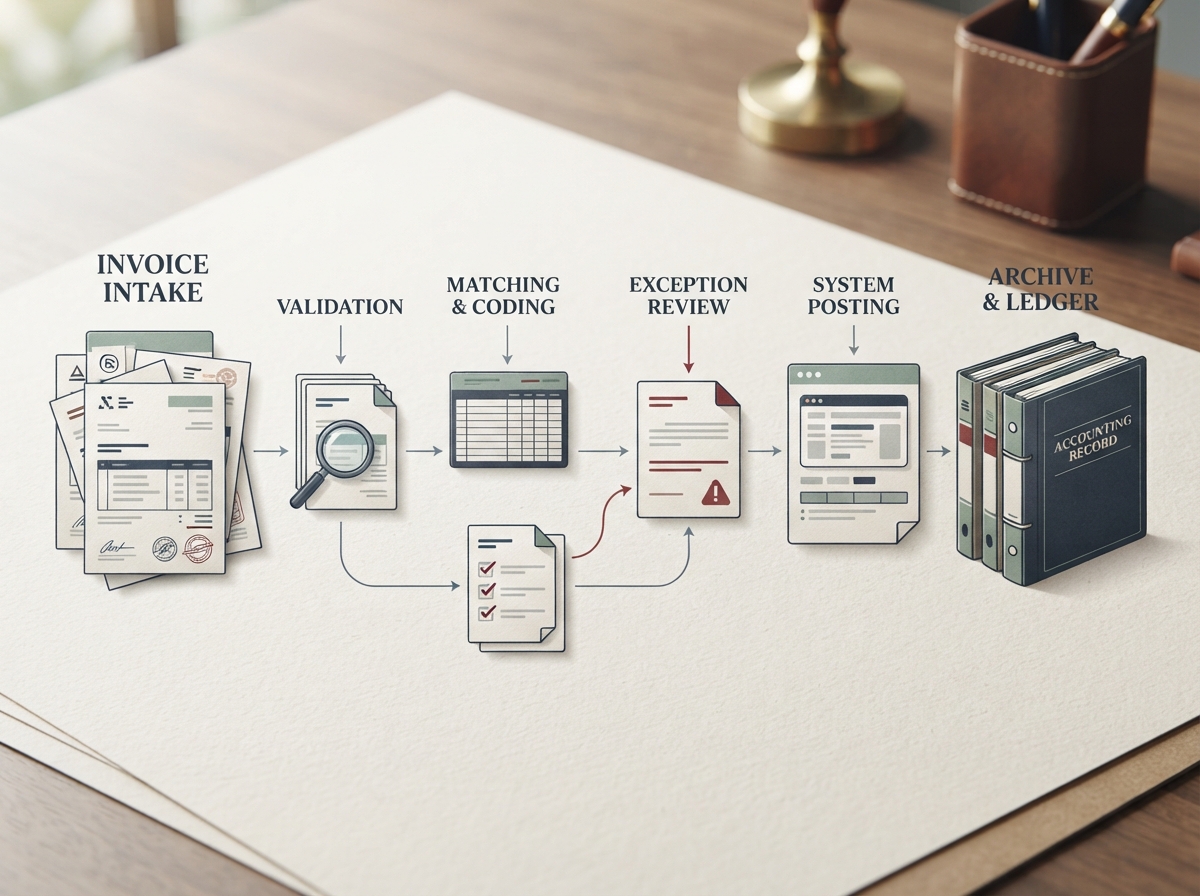 Illustration of invoices, orders, staff shifts and payroll connected in one cleaning operations app