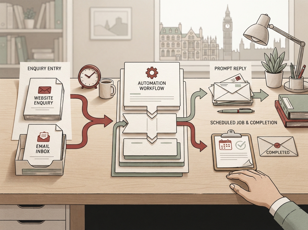 Editorial illustration of enquiries entering one connected client journey