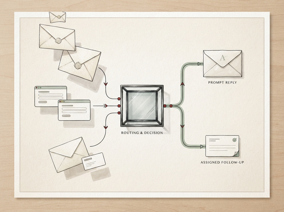 Editorial illustration of enquiries being routed into prompt replies and assigned follow-up